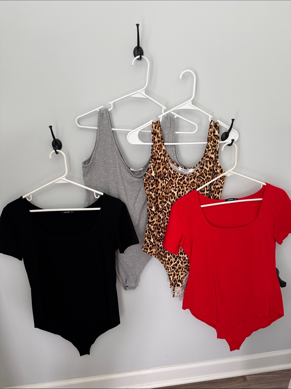 Bundle of 4 Bodysuits - Gray and Leopard tank, black and red short sleeve